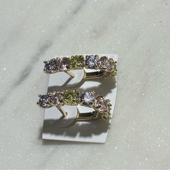 Multicolor Pastel Purple Pink Yellow Gemstone Hoop Gold Tone Earrings - Picture 7 of 15